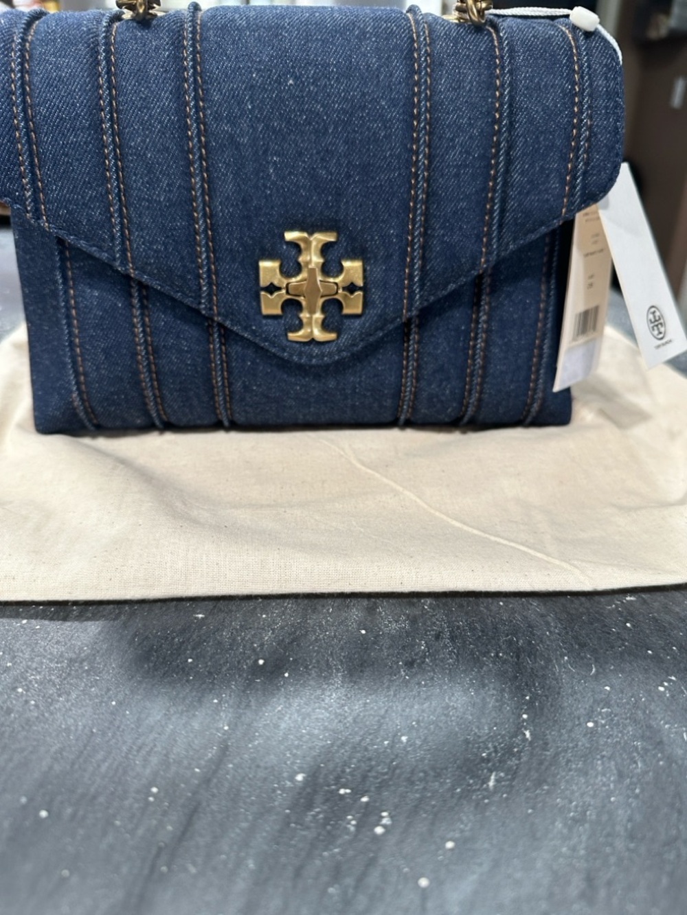 Tory Burch Quilted Denim Chain Crossbody - Dark Blue with Gold Hardware